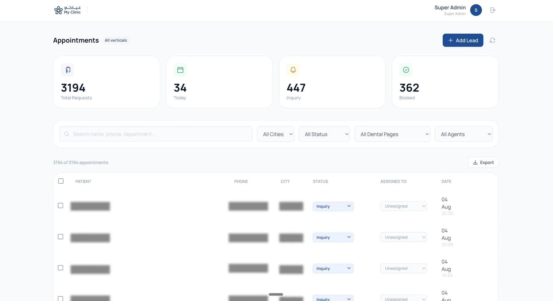 Appointments dashboard with bookings, inquiries and lead routing