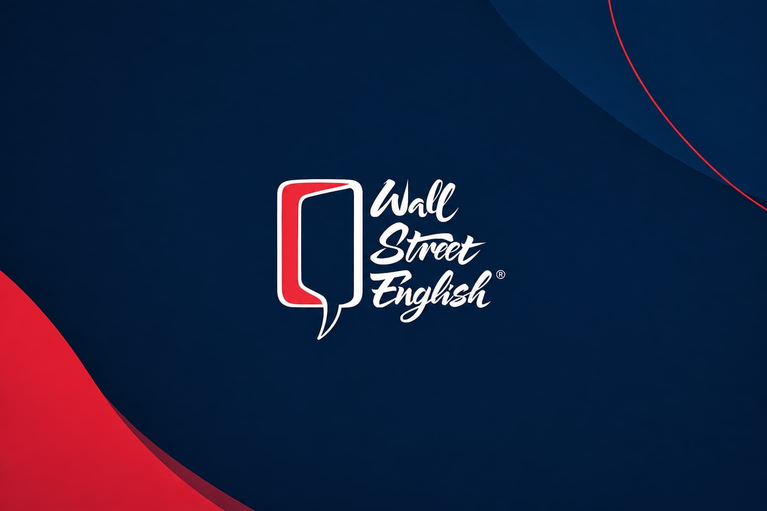 Wall Street English brand logo on a navy and red background